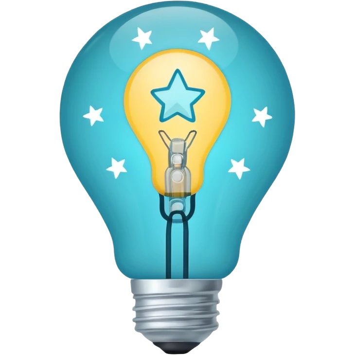 Light bulb icon with three small stars inside the bulb, flat emoji style, outline with blue and turquoise colors, white background emoji