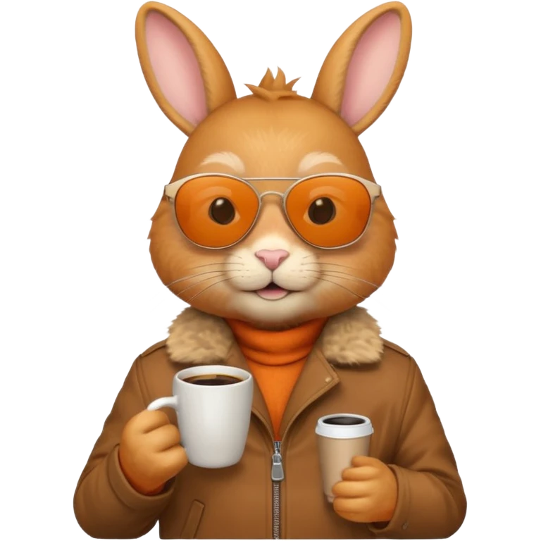Orange rabbit, wearing brown jacket, sunglasses, holding coffee mug emoji