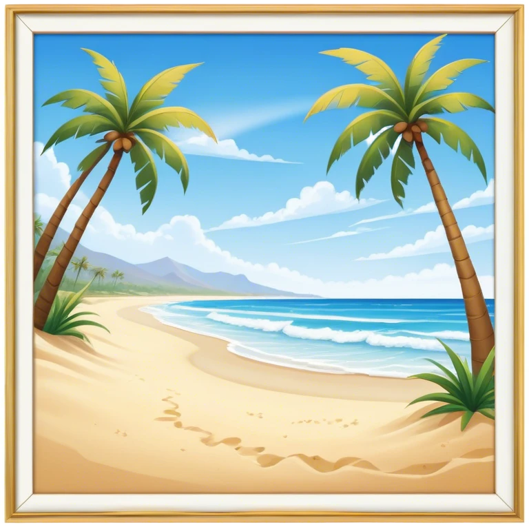 Cinematic Realistic Beach Emoji in a wooden frame, Sunny and bright, with soft golden sand stretching as far as the eye can see, gently lapping waves crashing onto the shore, and a clear, blue sky above. Palm trees sway in the warm breeze, crystal clear water of the waves on the landscape. Soft glowing outline, capturing the essence of a relaxed, joyful beach day filled with sun, sand, and surf! emoji