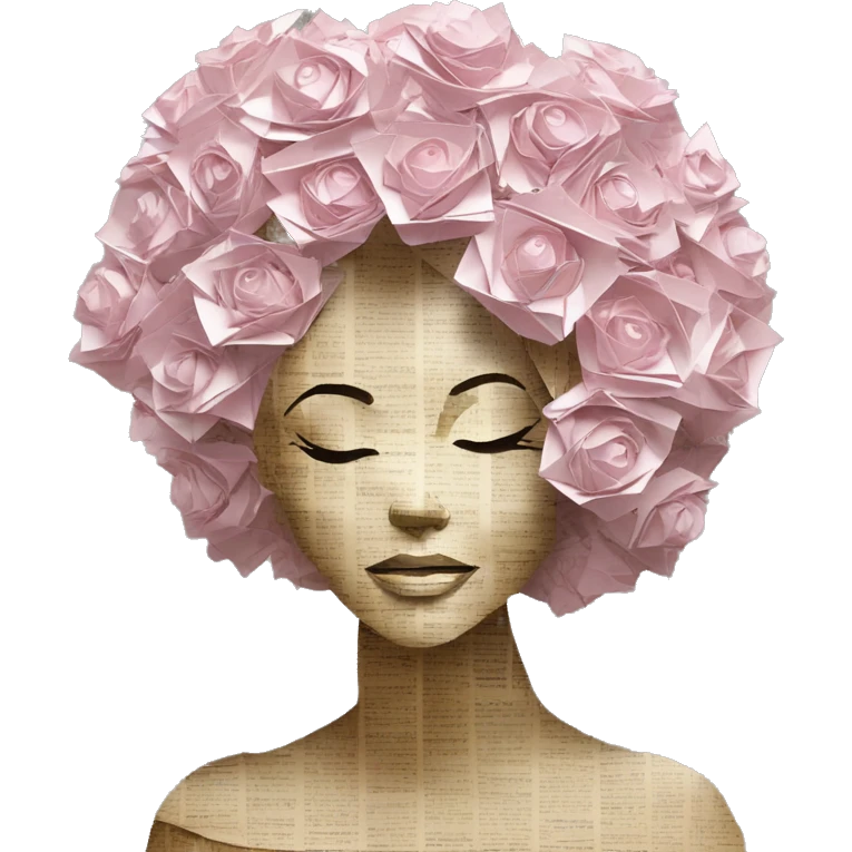 Glamorous lady made of 420 origami newspaper roses hemp leaves lantern fairy lights burning paper vaporwave emoji