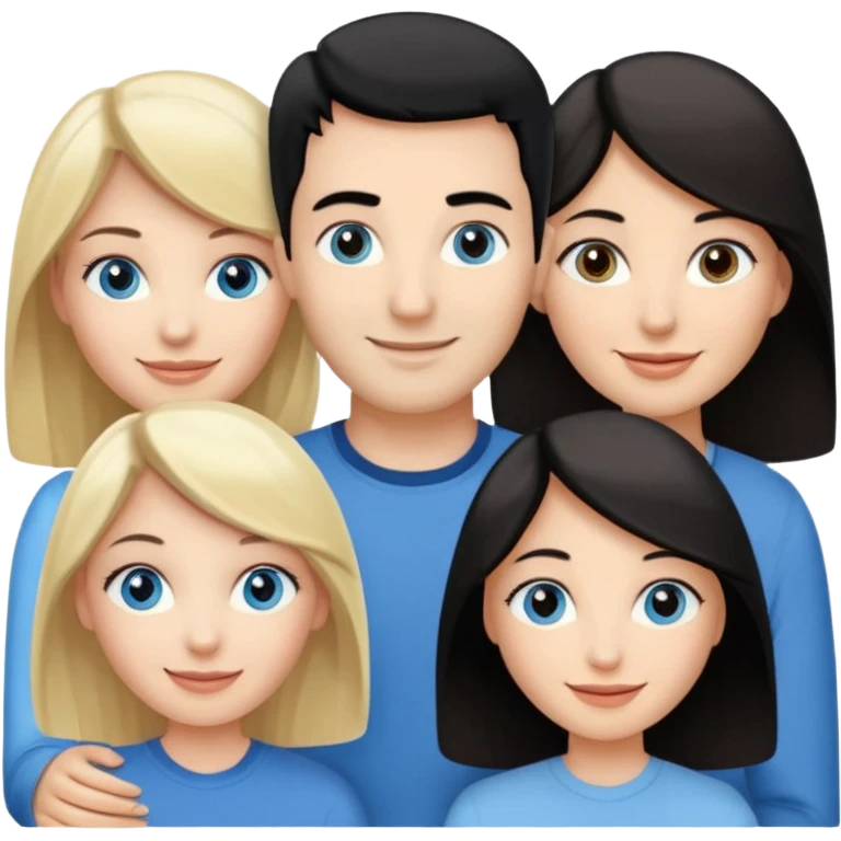 Blond woman with blue eyes on left. And a Man with black hair and grey eyecolor in the middle. And a blank woman with brown hair and grey eyes on the right. Happy together emoji