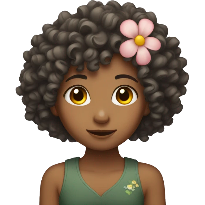 Curly haired girl with a flower on her ear. emoji