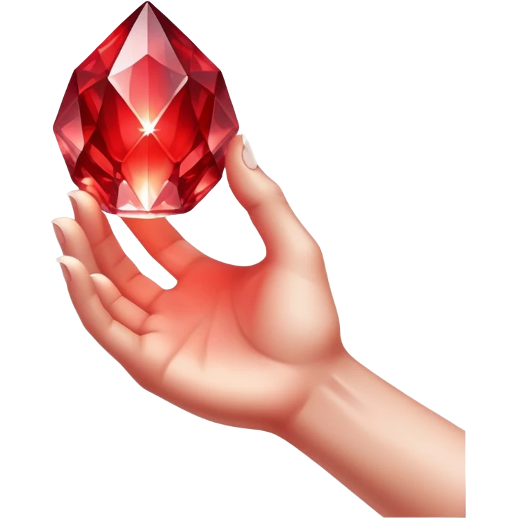 Pov white tone skin hand holding a red glowing crystal refracting light.  Only the hand should be displayed, nothing else.  emoji
