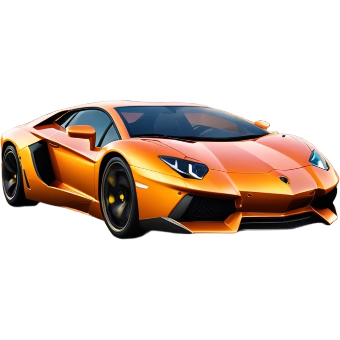 Lamborghini Aventador speeding down Sunset Avenue at dusk, headlights blazing. The sky glows in warm sunset hues, reflecting off the sleek car. Motion blur emphasizes speed, with palm trees and city lights in the background. Transparent background. emoji