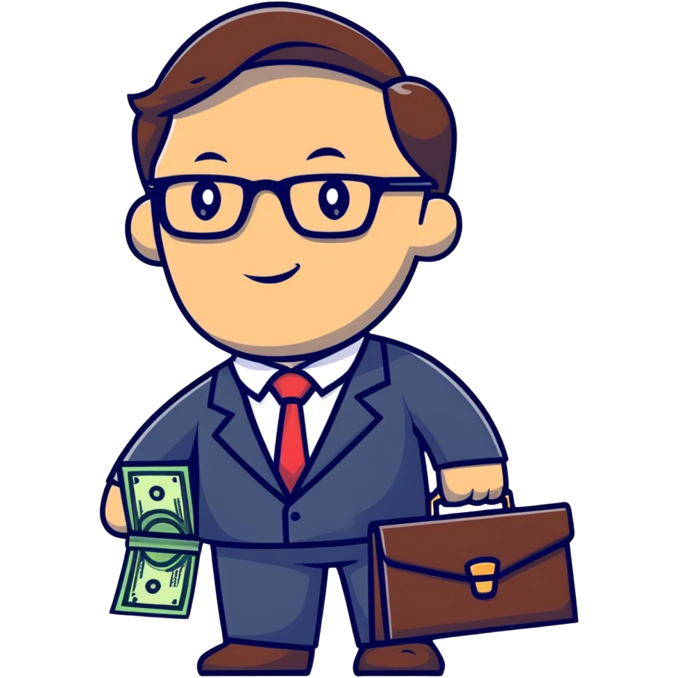 businessman in suit and glasses with an open briefcase full of dollar bills emoji