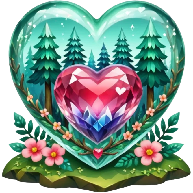 crystal heart with forest inside and floral decoration around emoji