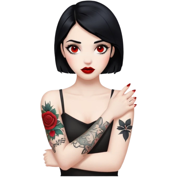 Pale girl with black hair arm tattoos red dark emoji