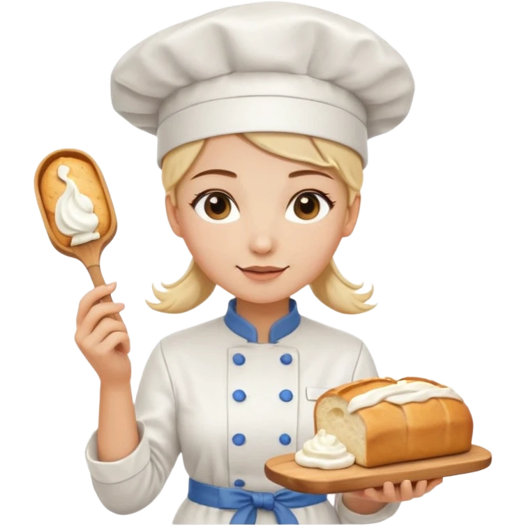 Young female baker - white chef hat, holding cream piping bag to milk oil on bread emoji