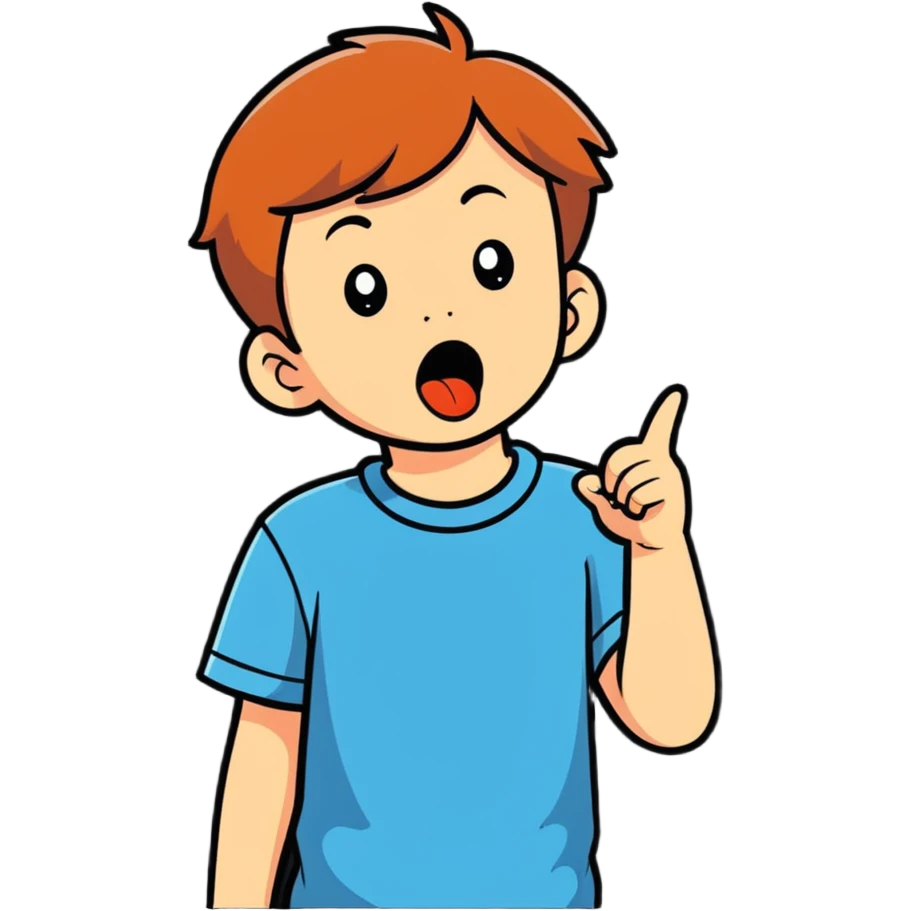 little boy pointing at his mouth emoji