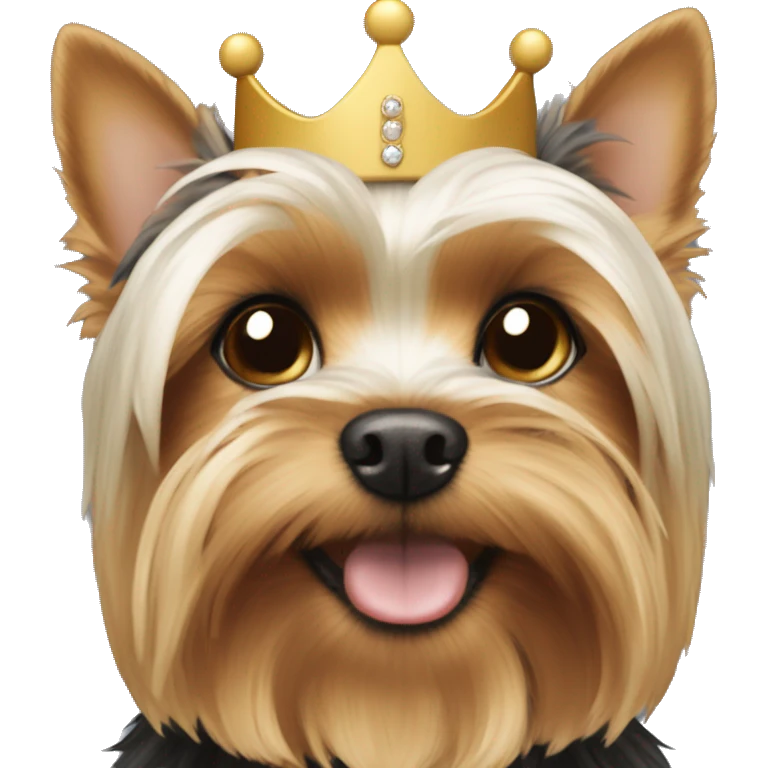 A yorkie that’s white and has dark beige ears with a crown on his head emoji