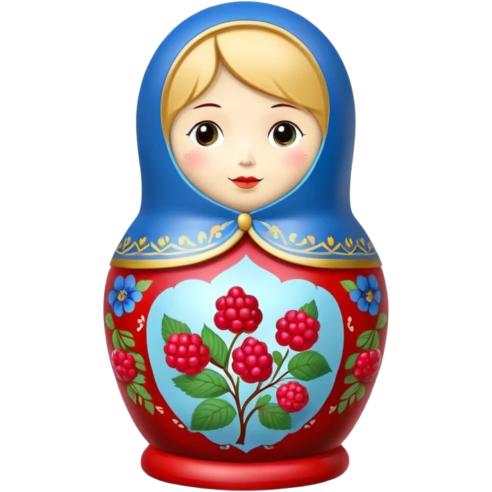blue khokhloma-painted matryoshka doll with raspberries inside emoji