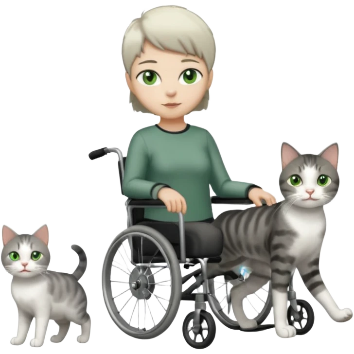 full body small short hair dark grey and white cat with green eyes walking in a wheelchair for cats emoji