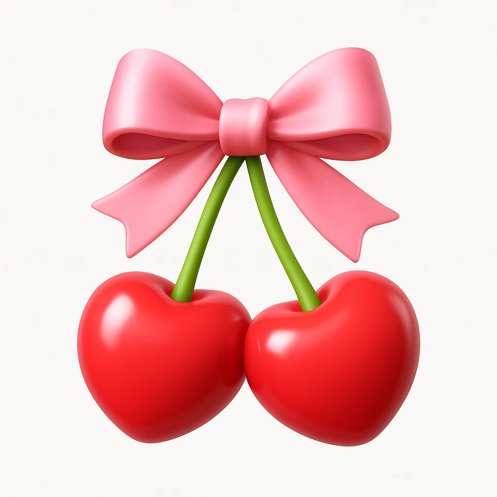 3D iOS style emoji of two cherries tied together with a pink bow, as if they were a gift. The cherries should have a glossy, vibrant appearance with a slight shine to give them a realistic yet stylized look. The stems of the cherries should be visible and green, adding a touch of realism. The bow should be neatly tied, with its ribbons flowing naturally. The overall image should convey a sense of cuteness and celebration. emoji
