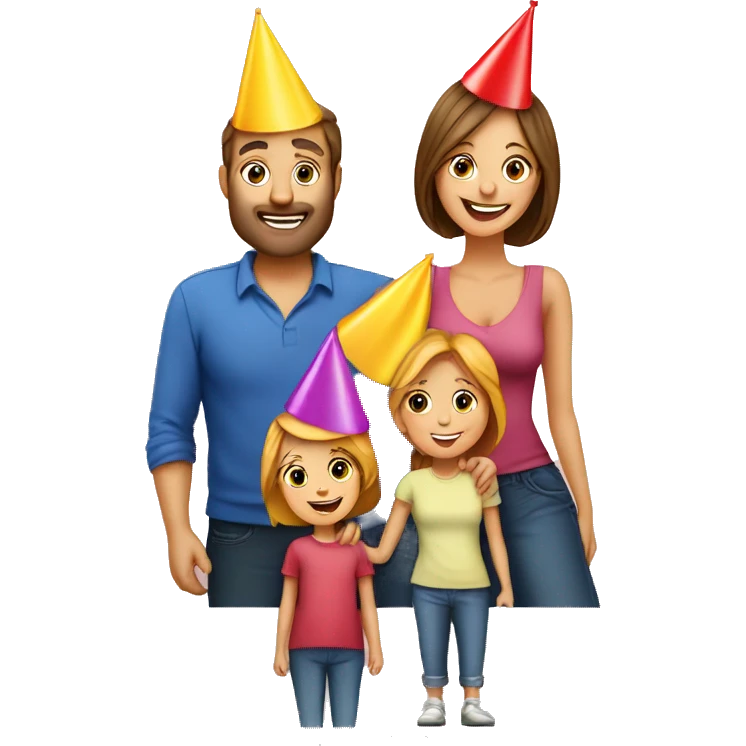 european family of 4 people (mom dad and 2 kids) celebrate birthday in birthday hats emoji