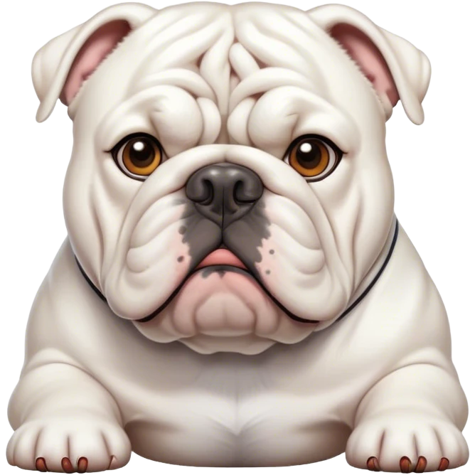 Cinematic Noble White English Bulldog Portrait Emoji, Poised and regal, with a sturdy, muscular build and a pristine, well-groomed pure white coat, deep-set soulful brown eyes, Simplified yet sharp and sophisticated features, highly detailed, glowing with a soft, dignified glow, high shine, intelligent and resolute, stylized with an air of authority, focused and attentive, soft glowing outline, capturing the essence of a watchful and confident guardian, so majestic it feels as though it could lumber out of the screen with effortless authority! emoji