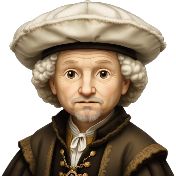 emoji of rembrandt,-shown-as-a-master-artist-with-deep,-introspective-eyes-and-richly-detailed-period-clothing,-rendered-with-dramatic-chiaroscuro-lighting-that-emphasizes-his-legacy white puffy hat emoji