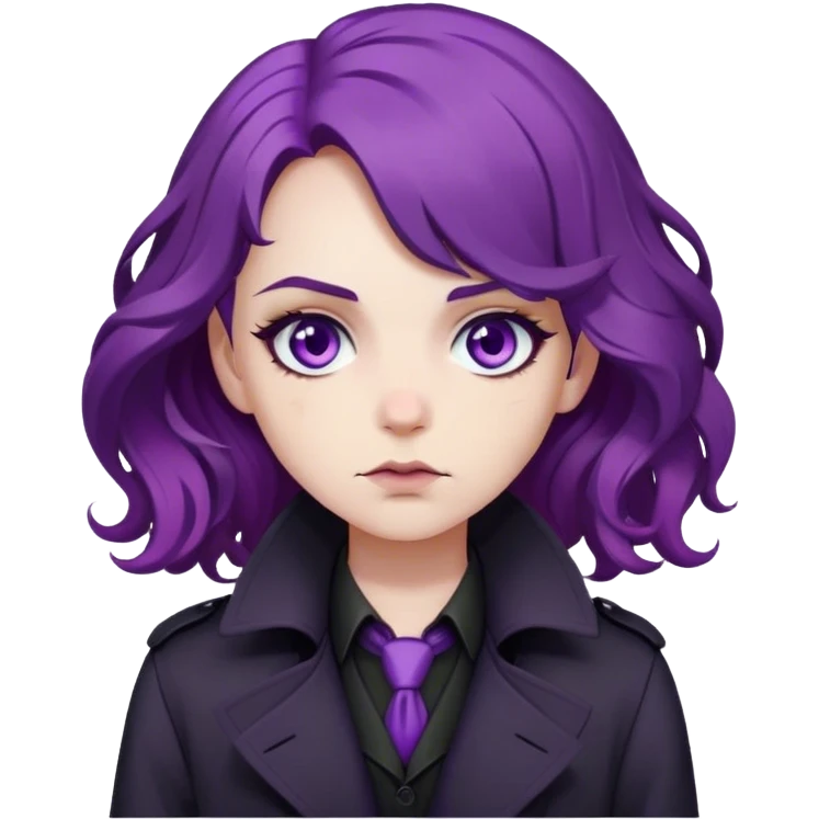 A noir-style detective with wavy purple hair, black trench coat, and piercing violet eyes emoji