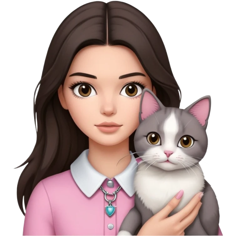brunette Kendall Jenner with long hair holding a grey white cat in pink collar emoji