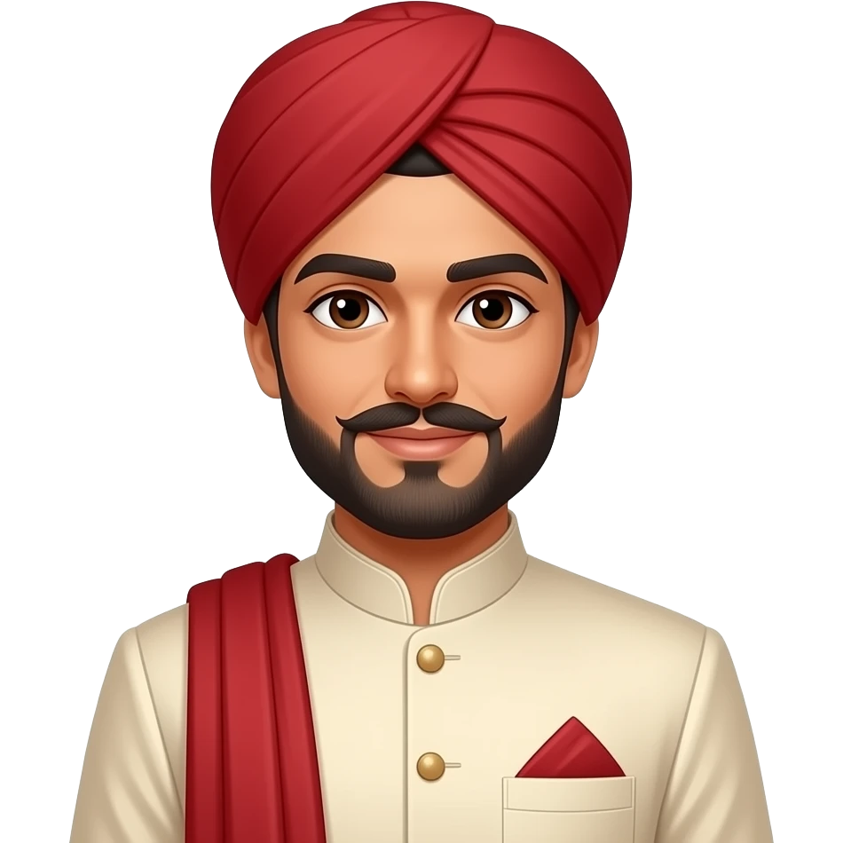 A south Asian Pakistani groom with a longer beard and shorter not curly moustache and cream sherwani. The headwear and shawl should be red emoji
