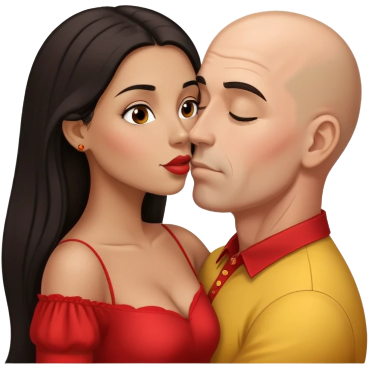 short venezuelan woman with long dark hair kissing tall bald american man emoji
