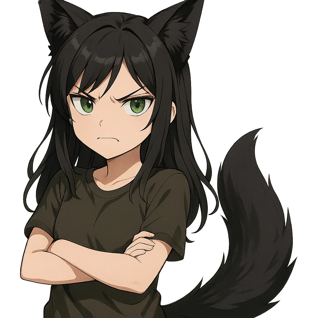 A girl with black fox ears and a tail, green eyes, dark hair, looking angry emoji