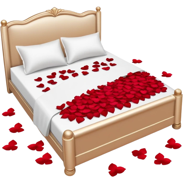 Romantic double bed with rose petals scattered on top of it emoji