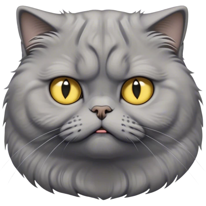 Cinematic Comical Grey Scottish Fold Cat Portrait Emoji, Adorable folded ears accentuating its round face, head tilted with a scrunched, grumpy expression, sleek soft grey fur with subtle blue undertones, large, striking yellow eyes, Simplified yet sharp features, highly detailed, glowing with a slightly sarcastic glow, high shine, poised but with a comically displeased demeanor, stylized with an air of playful disdain, focused yet unimpressed, soft glowing outline, capturing the essence of a grumpy yet endearing kitty with the classic Scottish Fold charm, so lifelike it feels like it could give you an exaggerated sigh and a disapproving stare at any moment! emoji