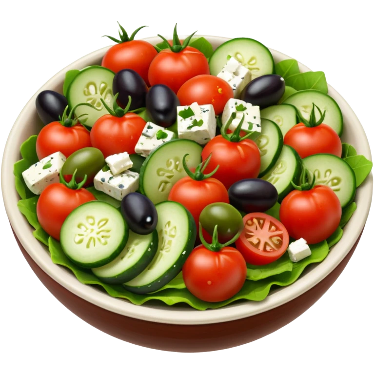 mediterranean salad bowl object icon, tomatoes, cucumbers, olives, feta cheese, olive oil dressing, 3D cartoon, mobile game icon style, clean background, no text, no watermark
 emoji