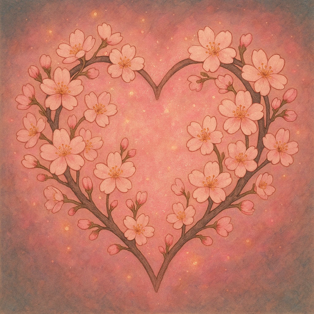 heart with sakura flowers and pink shimmer, ghibli style emoji
