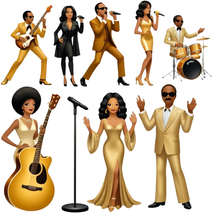 Icon for R&B Music: collage of legendary R&B artists—Diana Ross, Stevie Wonder, Marvin Gaye, Janet Jackson, Billy Ocean, and Whitney Houston. Represented by silhouettes or symbolic items like a microphone, guitar, or music notes. Transparent background. emoji