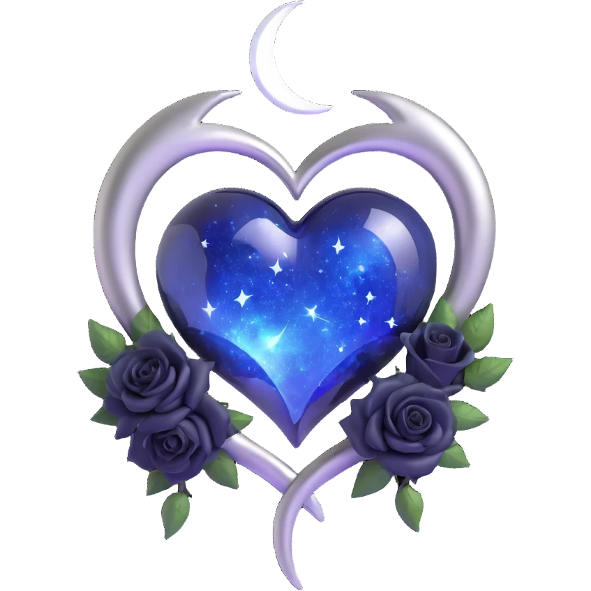 gothic heart, midnight blue glass, silver crescent moon, tiny black roses, shimmering stardust, lightning bolt effect emoji