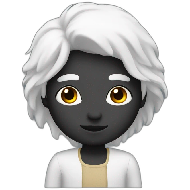 human with black skin and round face with small eyes and long white hair emoji