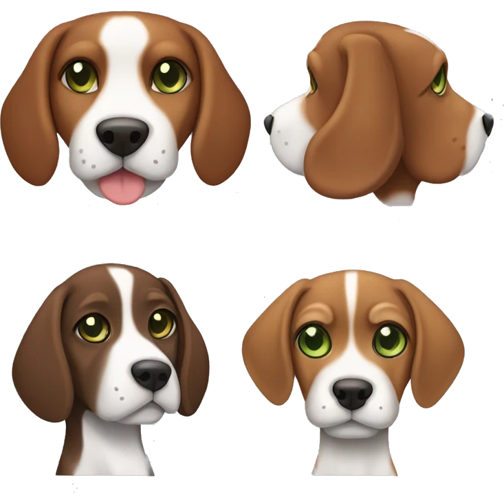 Dark brown tabby cat with brown-green eyes with a tricolor beagle emoji