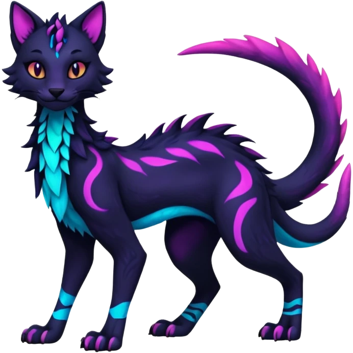 Kawaii dark edgy colorful vibrant neon glowing fantasy feline-vernid-sergal-fursona animal creature with a tufted tail full body with intricate markings  emoji