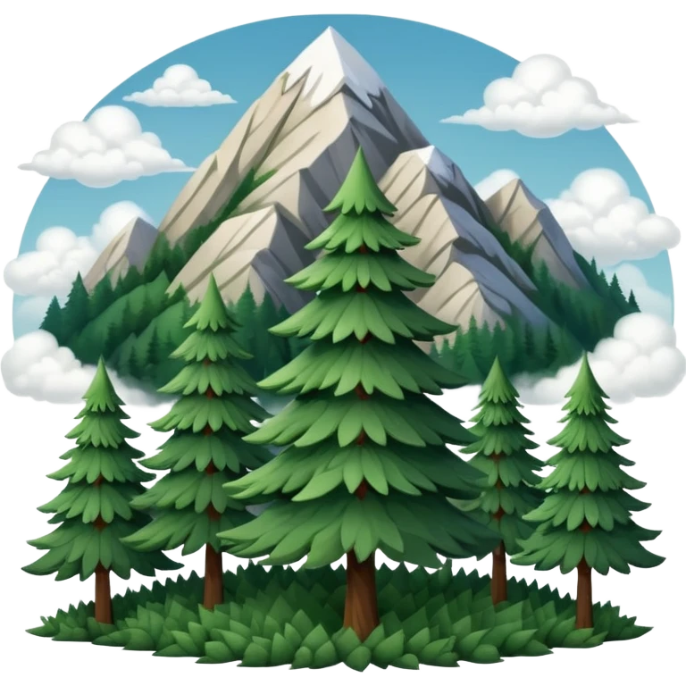 simple single evergreen tree with clouds and mountain in Slavic folk style, dark neutral forest colors, favicon or emoji style emoji