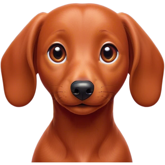 Cinematic Cute Red Dachshund Portrait Emoji, Head tilted playfully and inquisitively, featuring a glossy red coat with a sleek sheen, round, sparkling brown eyes filled with curiosity, Simplified yet irresistibly adorable features, highly detailed, glowing with a warm, friendly glow, high shine, affectionate and spirited, stylized with a touch of whimsy, bright and endearing, soft glowing outline, capturing the essence of a mischievous yet loving pup, so playful it feels like it could dash out of the screen and into your arms! emoji