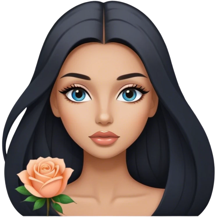 Glamours, tanned, very beautiful girl, with big pump peach-beige-rose lips, long long lashes, black straight smooth silky long hair, straight parting hair, blue-grey eyes emoji