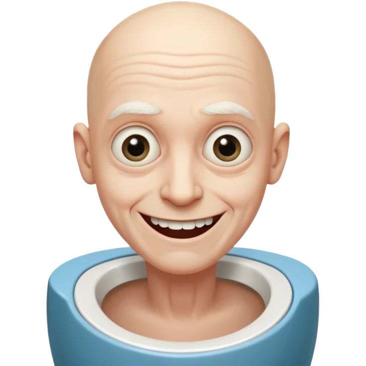 A bald person who’s very old is staring, he’s inside a toilet and his head is upright and looking at the camera with very wide eyes and a massive smile, in a very creepy way. emoji