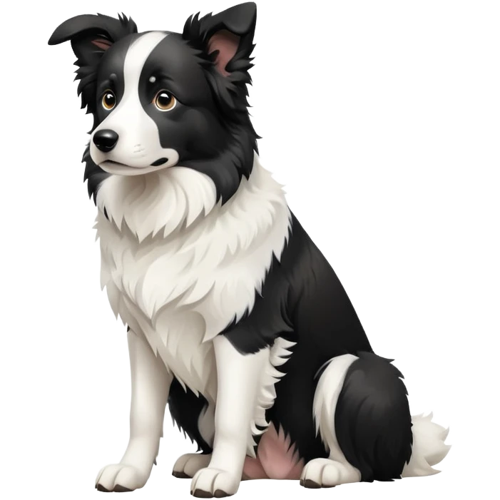 Sitting Border Collie dog with ONLY ONE single black ear, the rest of the dog including the other ear is completely white, extreme contrast between the one black ear and white body emoji