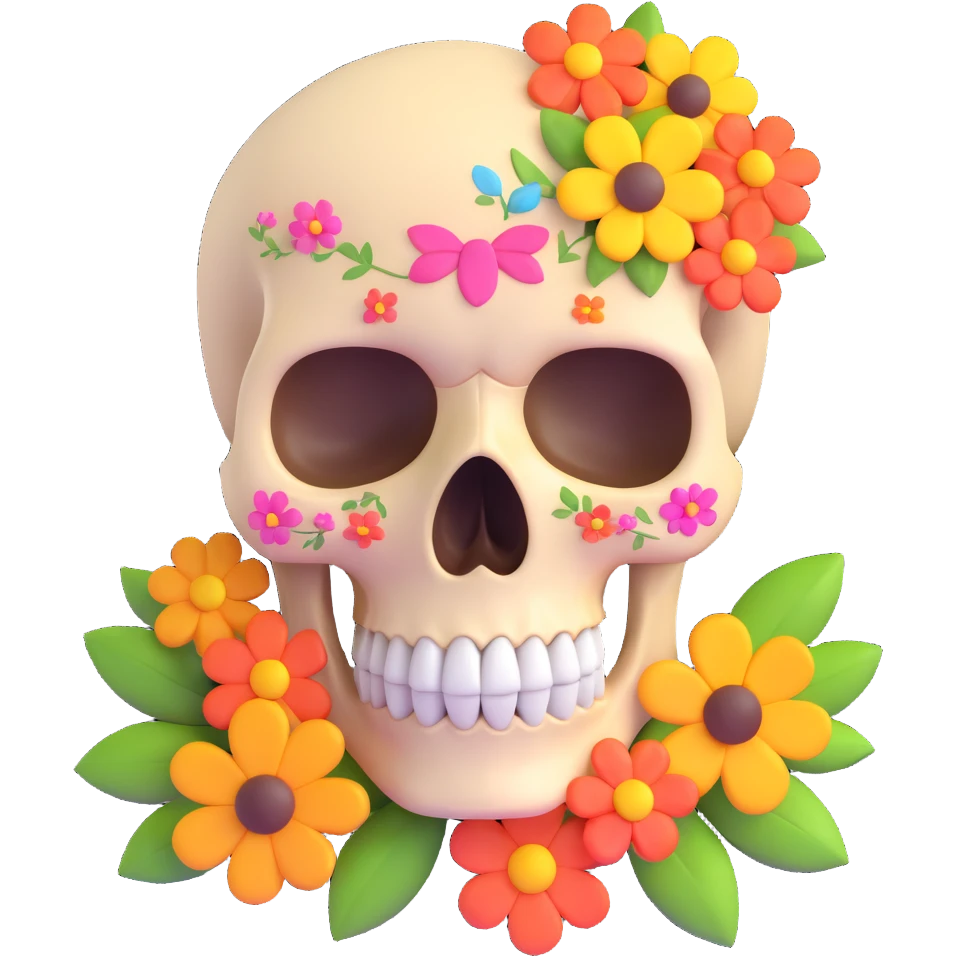 cheerful skull with flowers, visual concept combining happiness and death emoji