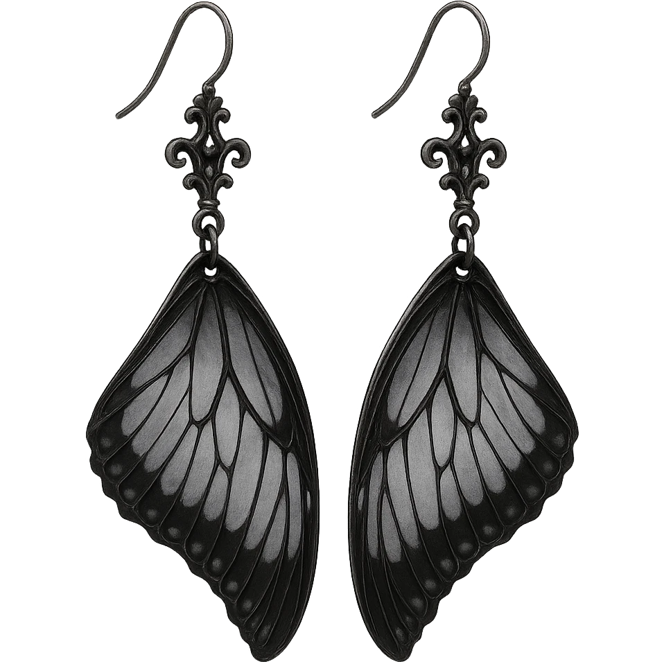 goth earrings, black butterfly wing, delicate gothic style, ethereal, detailed emoji