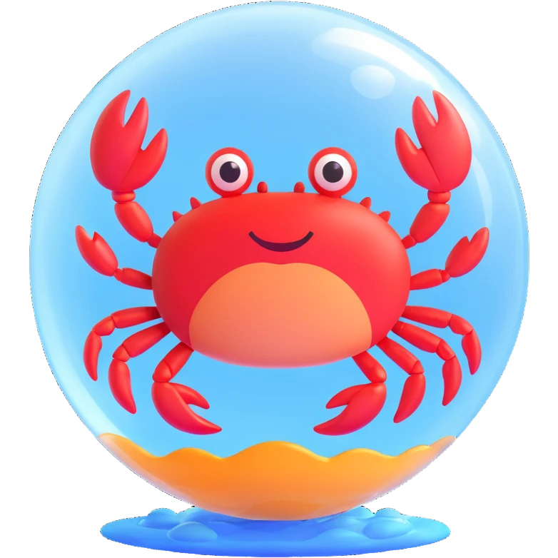 happy crab floating inside a transparent bubble, playful and cute, clear background emoji