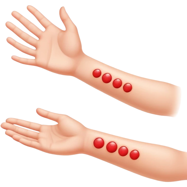 Allergy skin prick test on forearm with small red bumps showing reactions to different allergens, with 5 fingers of the hand visible emoji