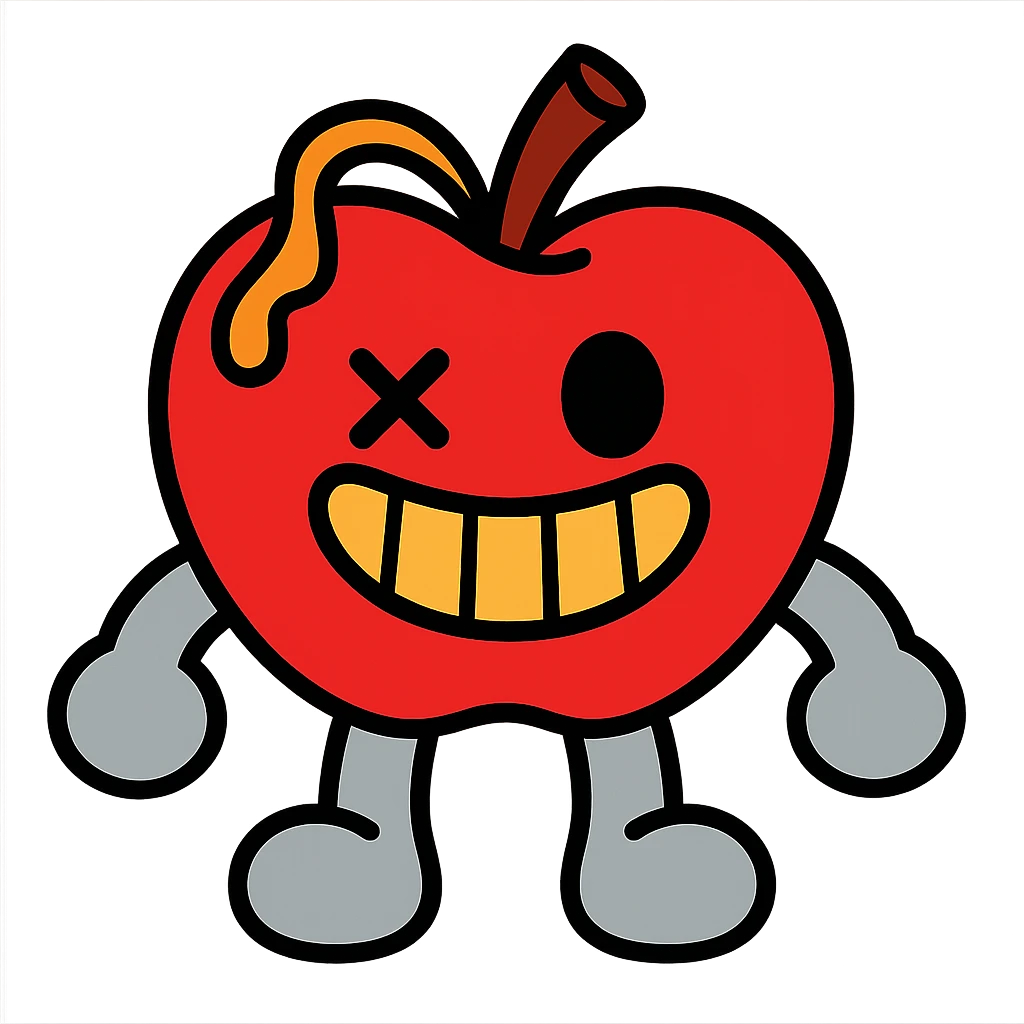 plush apple character with light grey limbs, left eye is an X, ichor coming out of stem without leaf, wide grin emoji