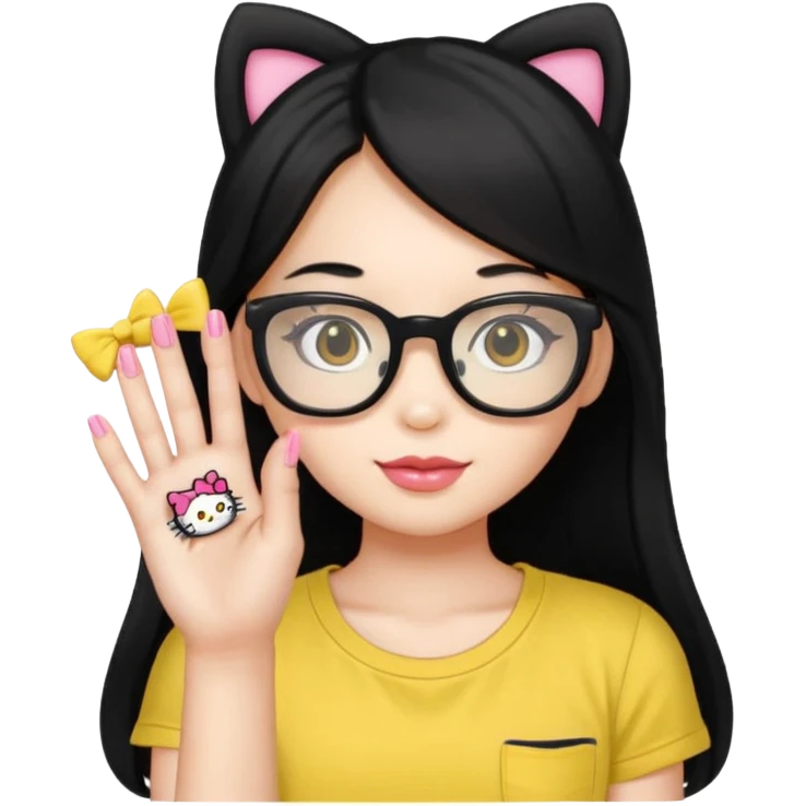 Nails cute with hello kitty wear glasses black long  hair wear, yellow shirt emoji