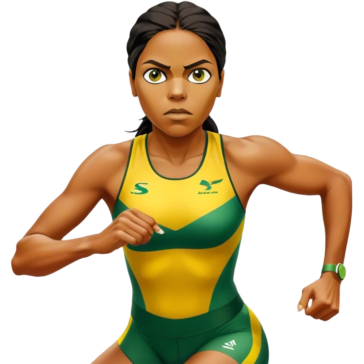 Cinematic Realistic portrait of Cathy Freeman, shown as an iconic Australian sprinter with a focused, determined expression and modern athletic yellow and green attire accented with subtle native motifs, rendered in dynamic, vibrant lighting emoji