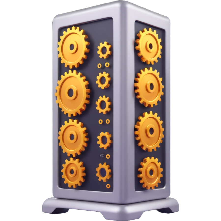 3D style icon of computer settings, a stylized computer tower with multiple gears, metallic and techy emoji