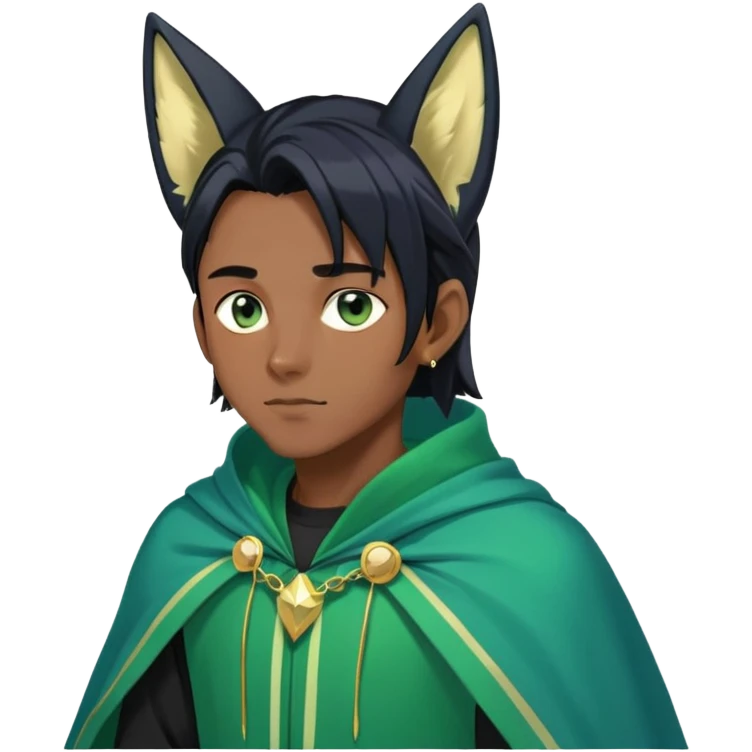 Black anime man with straight long black hair with light-green stripes in it, long black fox ears, hazel-gradient-brown-turquoise eyes, gold earring, dark blue sweater, green cape,  emoji