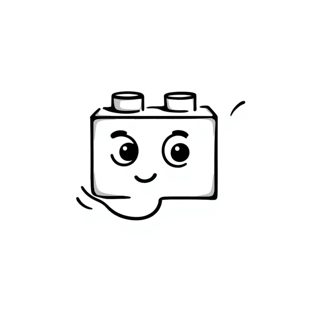 A hand-drawn red Lego-style brick with a silly cute expression emoji