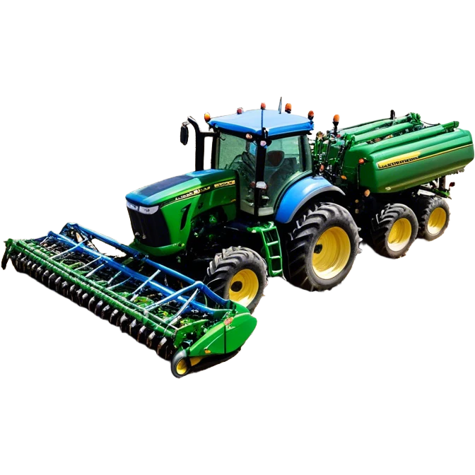 Bourgault 3420 Paralink Hoe Drill (2022) – Cinematic-realistic John Deere 6155M tractor hauling a Bourgault 3420 Paralink Hoe Drill, its powerful green frame pulling the vast blue seeder across endless fields. The machine plants seeds with pinpoint accuracy, leaving precise rows in the rich brown soil,  emoji
